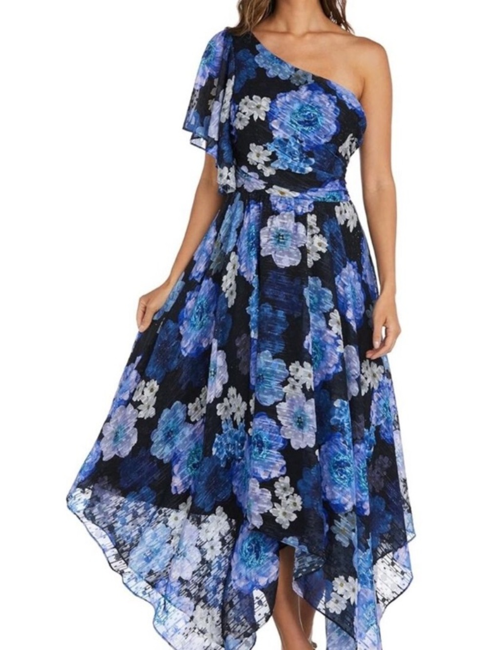 Blue Floral One-Shoulder Handkerchief Hem Dress
